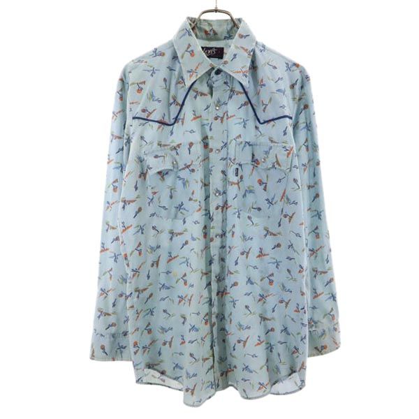 Levi's リーバイス 70s ヴィンテージ USA製 総柄 長袖 ウエスタンシャツ L ブルー系 メンズ