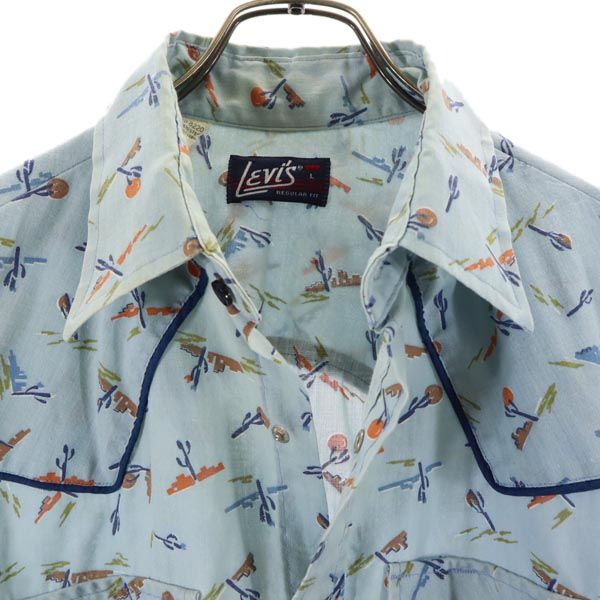 Levi's リーバイス 70s ヴィンテージ USA製 総柄 長袖 ウエスタンシャツ L ブルー系 メンズ