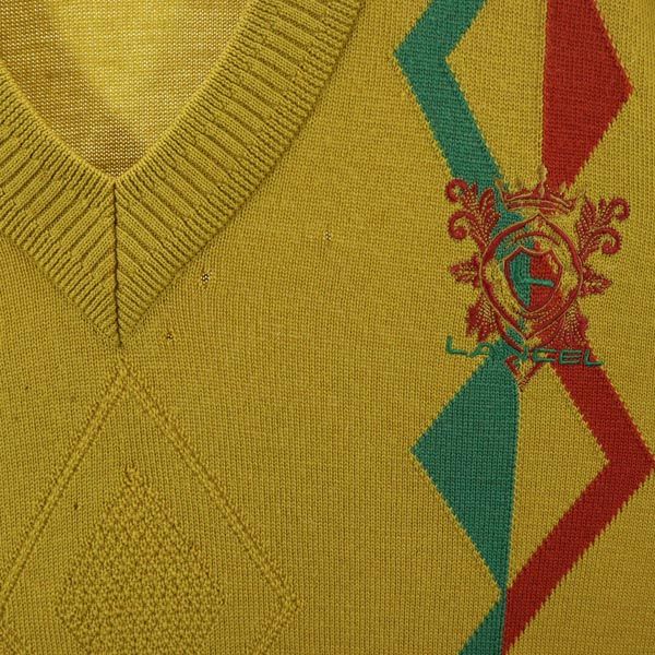 LANCEL ランセル 日本製 ウール 長袖 Vネック ニット L イエロー系 セーター メンズ