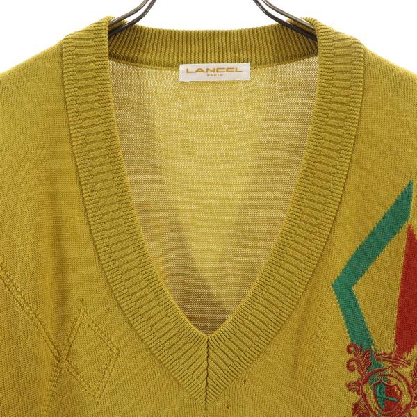 LANCEL ランセル 日本製 ウール 長袖 Vネック ニット L イエロー系 セーター メンズ