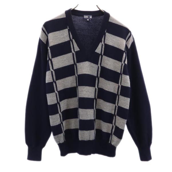 DAKS ダックス チェック 長袖 Vネック ニットコート M ネイビー セーター メンズ