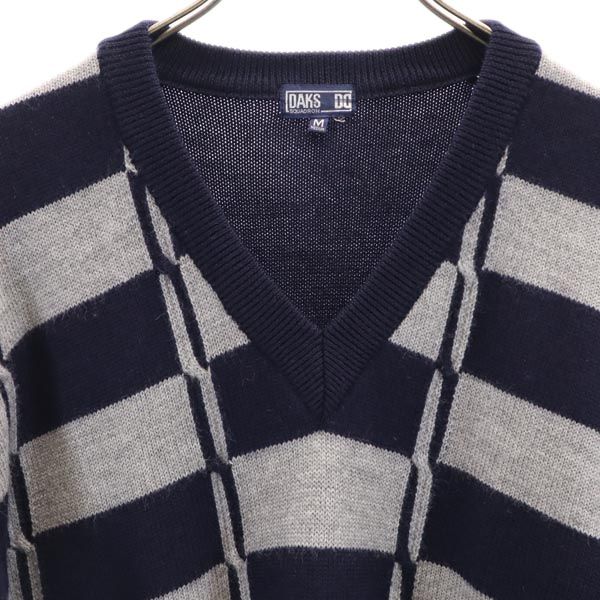 DAKS ダックス チェック 長袖 Vネック ニットコート M ネイビー セーター メンズ