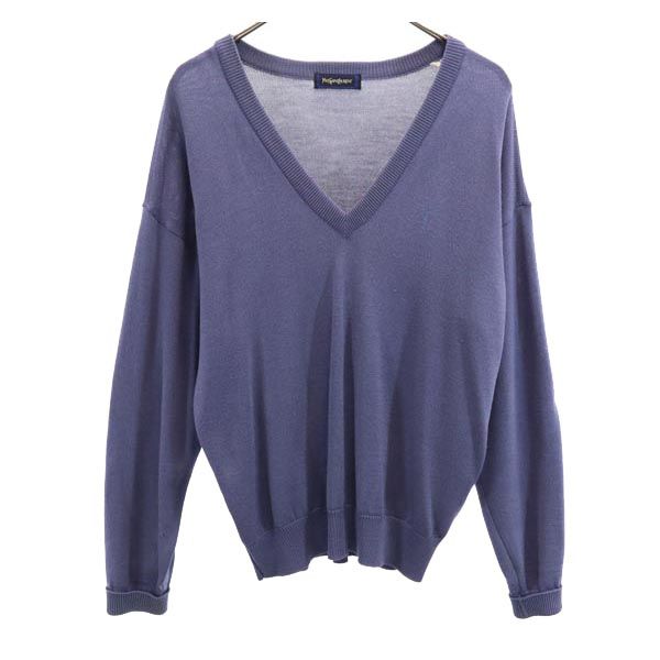 YVES SAINT LAURENT イヴサンローラン 90s ウール100% オールド 長袖 Vネック ニット M ブルー系 セーター ロゴ刺繍 メンズ