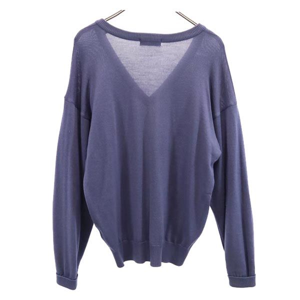 YVES SAINT LAURENT イヴサンローラン 90s ウール100% オールド 長袖 Vネック ニット M ブルー系 セーター ロゴ刺繍 メンズ