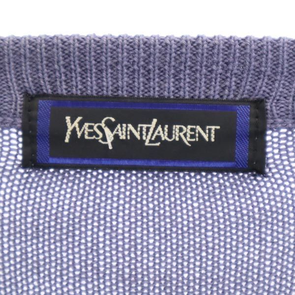 YVES SAINT LAURENT イヴサンローラン 90s ウール100% オールド 長袖 Vネック ニット M ブルー系 セーター ロゴ刺繍 メンズ