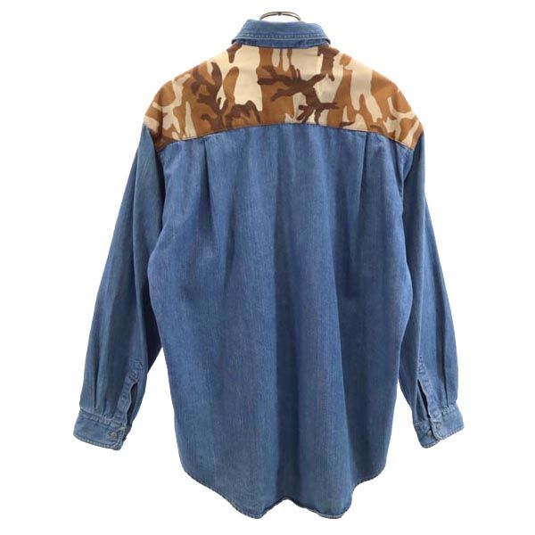 Budweiser バドワイザー リメイク カモフラージュ柄 切替 長袖 デニムシャツ L メンズ