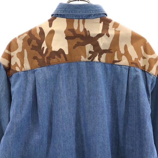 Budweiser バドワイザー リメイク カモフラージュ柄 切替 長袖 デニムシャツ L メンズ