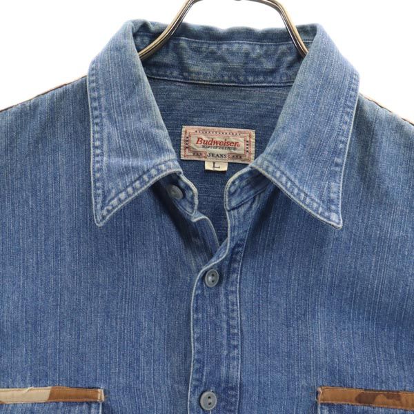 Budweiser バドワイザー リメイク カモフラージュ柄 切替 長袖 デニムシャツ L メンズ