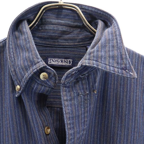 LANDS' END ランズエンド ストライプ 長袖 ボタンダウンシャツ M15-15.5 ネイビー系 メンズ
