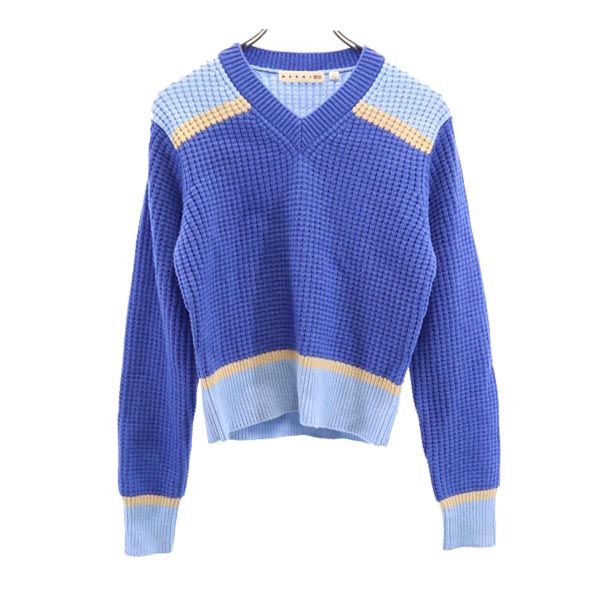 UNIQLO ユニクロ × マルニ ウールブレンド 長袖 ポップコーン ニット L ブルー MARNI Vネック セーター レディース