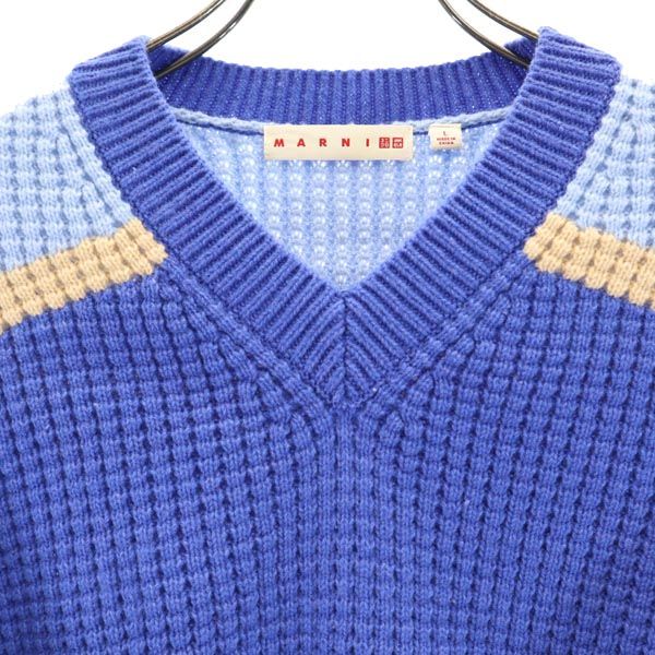 UNIQLO ユニクロ × マルニ ウールブレンド 長袖 ポップコーン ニット L ブルー MARNI Vネック セーター レディース