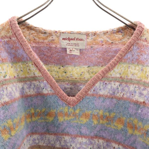 michael ross マイケルロス 英国製 総柄 長袖 ウール100% Vネック ニット セーター 5 ピンク系 メンズ