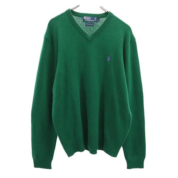 ポロバイラルフローレン ウール100% 長袖 Vネック ニット L グリーン系 Polo by Ralph Lauren セーター ロゴ メンズ