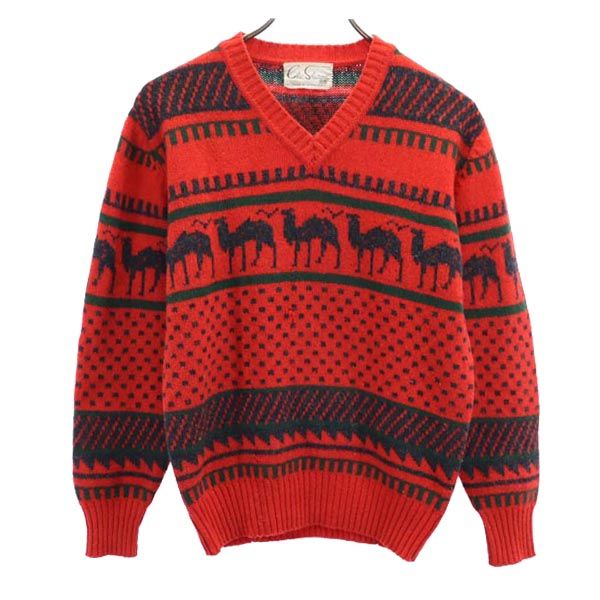CHIC SHARON ウールブレンド ラクダ柄 長袖 Vネック ニット 11号 レッド セーター レディース