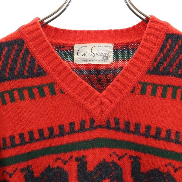 CHIC SHARON ウールブレンド ラクダ柄 長袖 Vネック ニット 11号 レッド セーター レディース