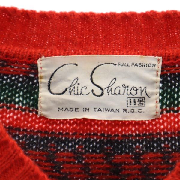 CHIC SHARON ウールブレンド ラクダ柄 長袖 Vネック ニット 11号 レッド セーター レディース