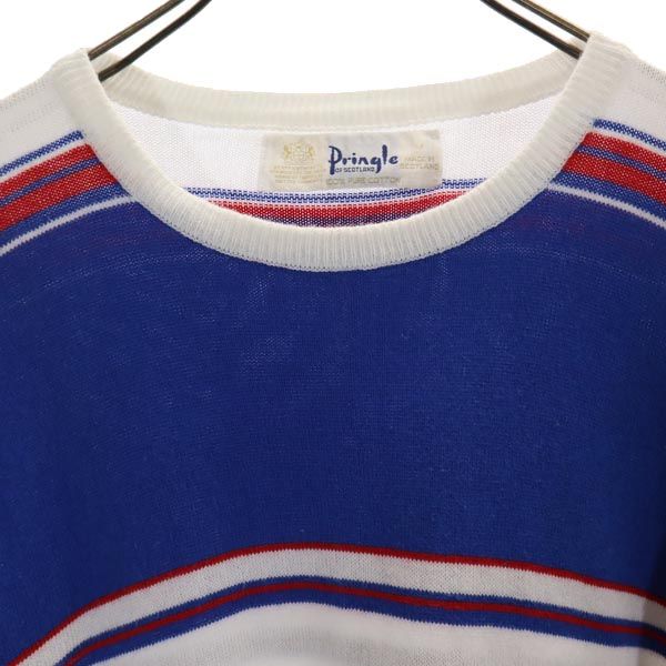 Pringle of Scotland プリングルオブスコットランド 英国製 長袖 コットン ニット M 白×青 ロゴ メンズ