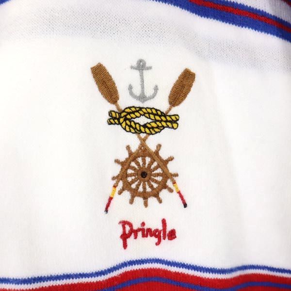 Pringle of Scotland プリングルオブスコットランド 英国製 長袖 コットン ニット M 白×青 ロゴ メンズ