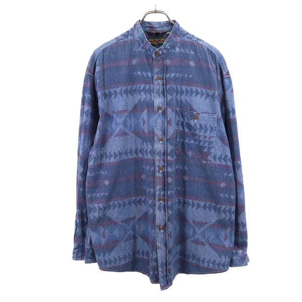 JANSPORTS ジャンスポーツ 90s オールド 総柄 長袖 バンドカラー コットンシャツ L ブルー系 メンズ