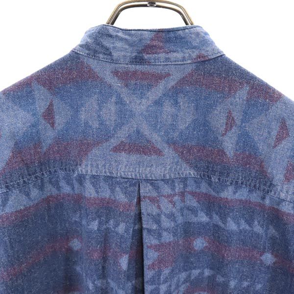 JANSPORTS ジャンスポーツ 90s オールド 総柄 長袖 バンドカラー コットンシャツ L ブルー系 メンズ