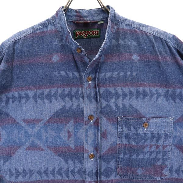 JANSPORTS ジャンスポーツ 90s オールド 総柄 長袖 バンドカラー コットンシャツ L ブルー系 メンズ