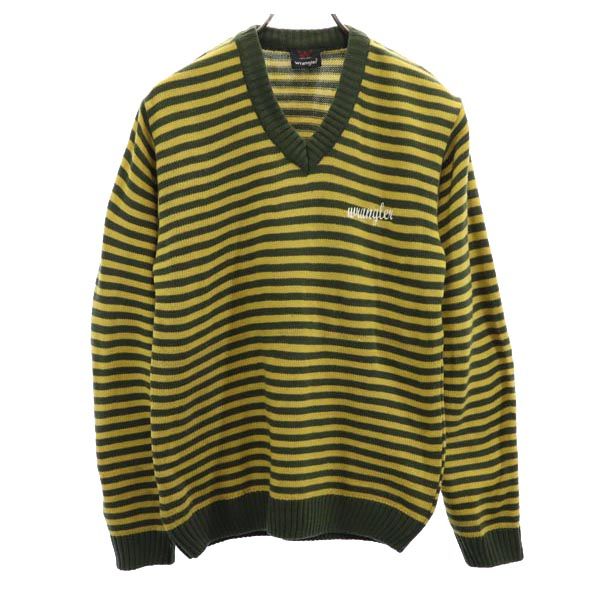 Wrangler ラングラー ボーダー柄 長袖 Vネック ニット セーター カーキ系 メンズ