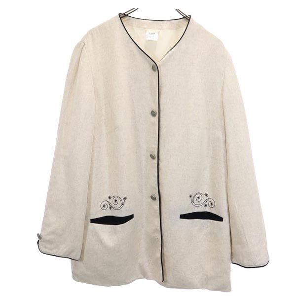 OLD オールド 90s リネンブレンド 長袖 ノーカラージャケット 44 ベージュ系 レディース