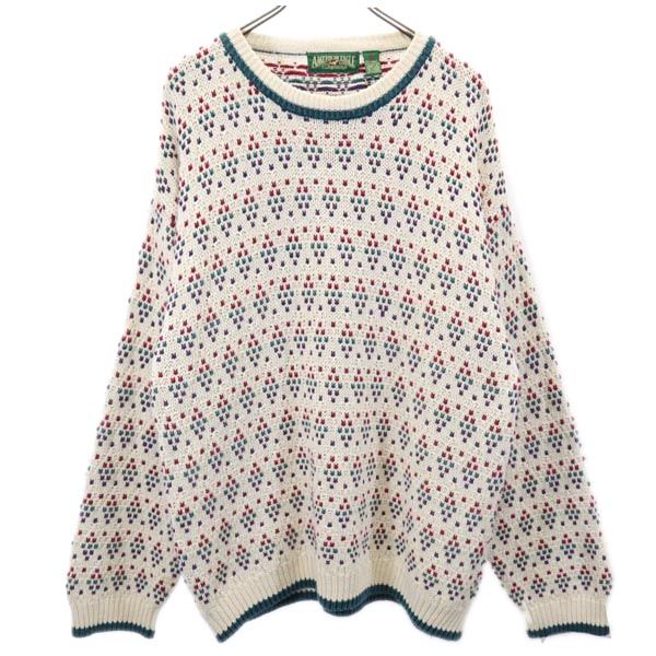 American Eagle アメリカンイーグル 90s リネンブレンド オールド 総柄 長袖 クルーネック ニット セーター XL ホワイト メンズ