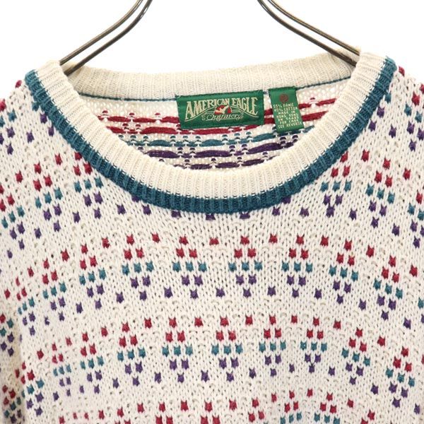 American Eagle アメリカンイーグル 90s リネンブレンド オールド 総柄 長袖 クルーネック ニット セーター XL ホワイト メンズ