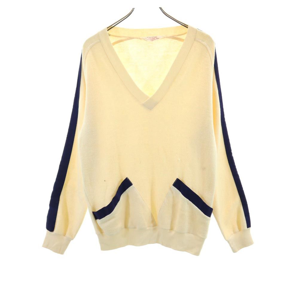 THANE 80s ヴィンテージ デザイン 長袖 Vネック トレーナー M アイボリー メンズ