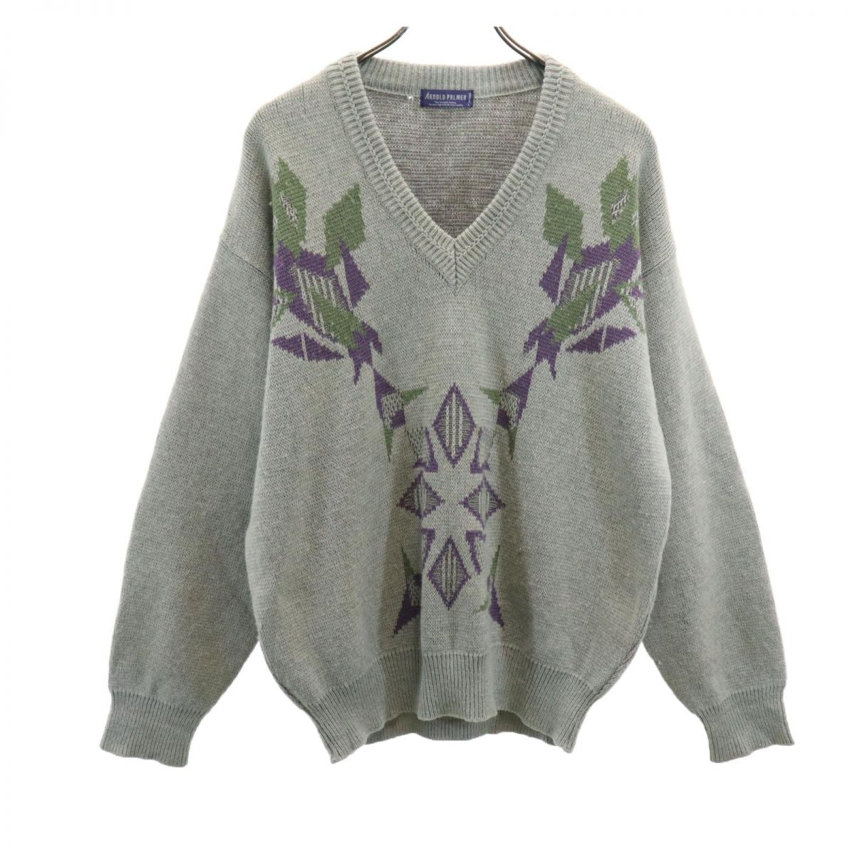 Arnold Palmer アーノルドパーマー 90s ウールブレンド オールド 長袖 Vネック セーター L グレー系 ニット メンズ
