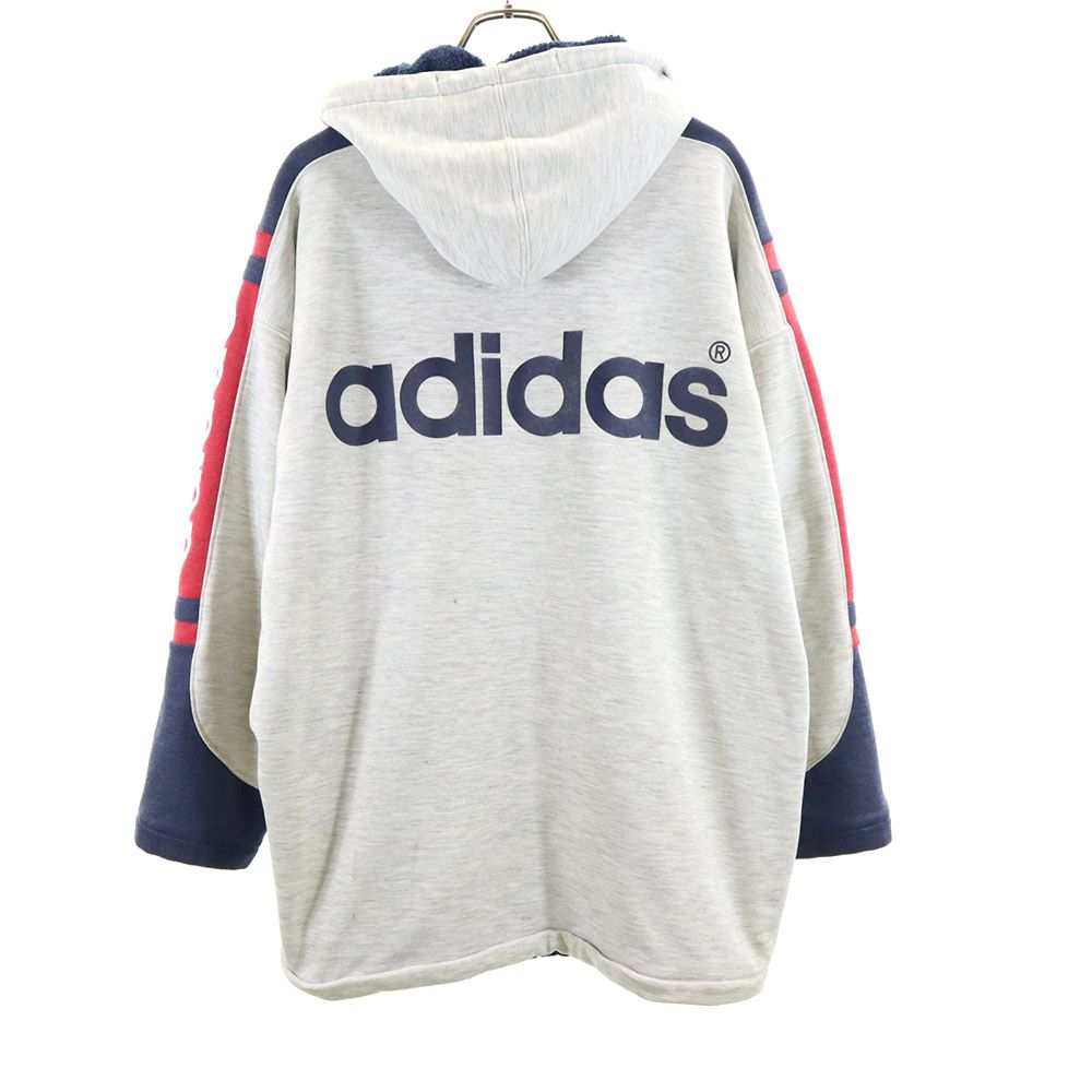 adidas アディダス 80s デサント製 ADS-8704 ヴィンテージ バック プリント トレフォイルロゴ スウェット 中綿ジャケット M-L グレー系 ボア フード メンズ