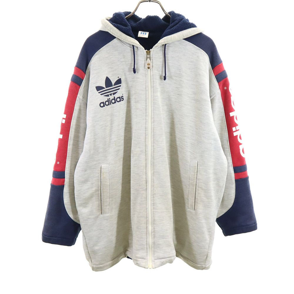 adidas アディダス 80s デサント製 ADS-8704 ヴィンテージ バック プリント トレフォイルロゴ スウェット 中綿ジャケット M-L グレー系 ボア フード メンズ