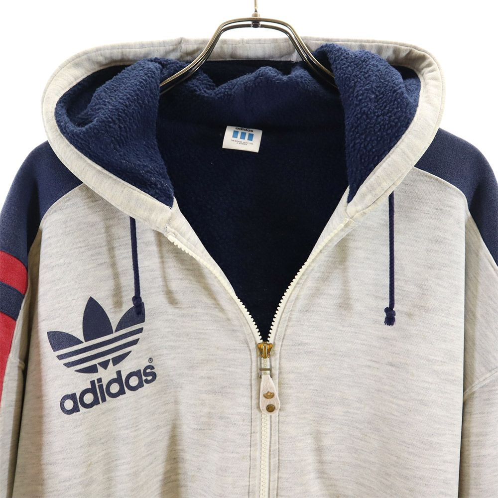 adidas アディダス 80s デサント製 ADS-8704 ヴィンテージ バック プリント トレフォイルロゴ スウェット 中綿ジャケット M-L グレー系 ボア フード メンズ