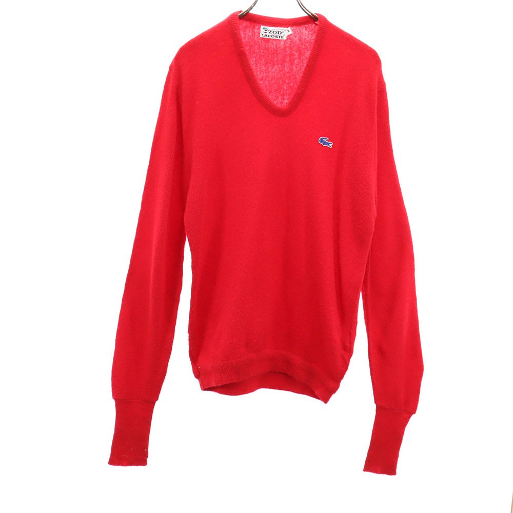 LACOSTE ラコステ 70s ヴィンテージ 糸巻タグ アイゾッド 長袖 Vネック セーター 2 レッド ニット メンズ