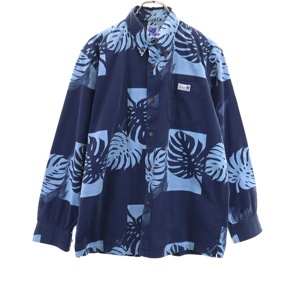 Leilani レイラニ ボタニカル柄 長袖 アロハシャツ L ブルー系 メンズ