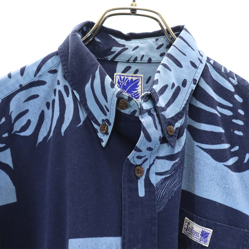 Leilani レイラニ ボタニカル柄 長袖 アロハシャツ L ブルー系 メンズ
