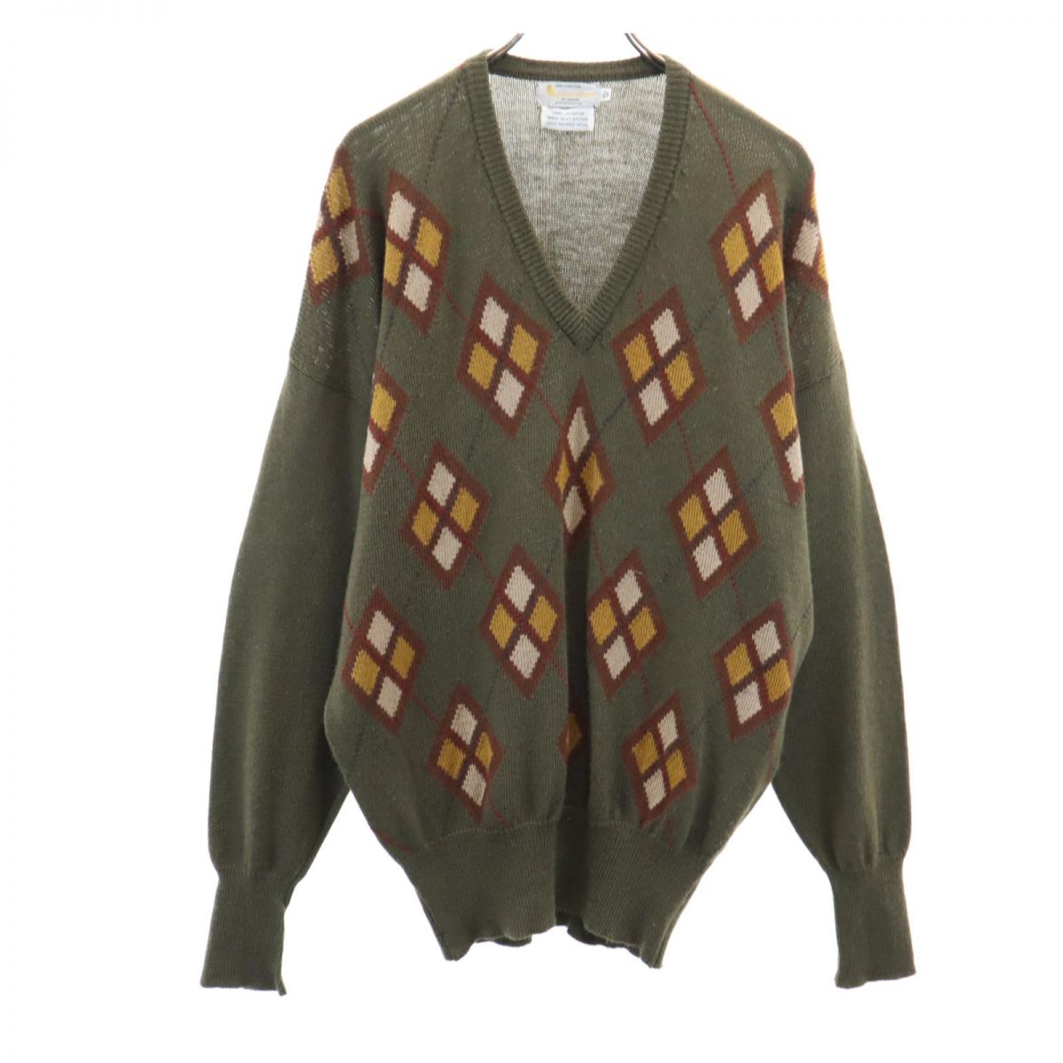 Aquascutum アクアスキュータム 80s ウール ヴィンテージ 総柄 長袖 セーター 44 グリーン系 Vネック ニット メンズ
