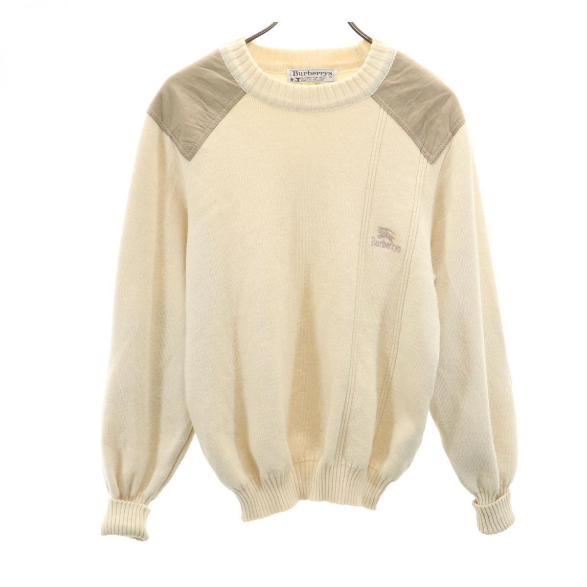 バーバリーズ 90s イギリス製 オールド コンバットニット 長袖 エルボーパッチ セーター S ベージュ系 Burberrys ニット メンズ
