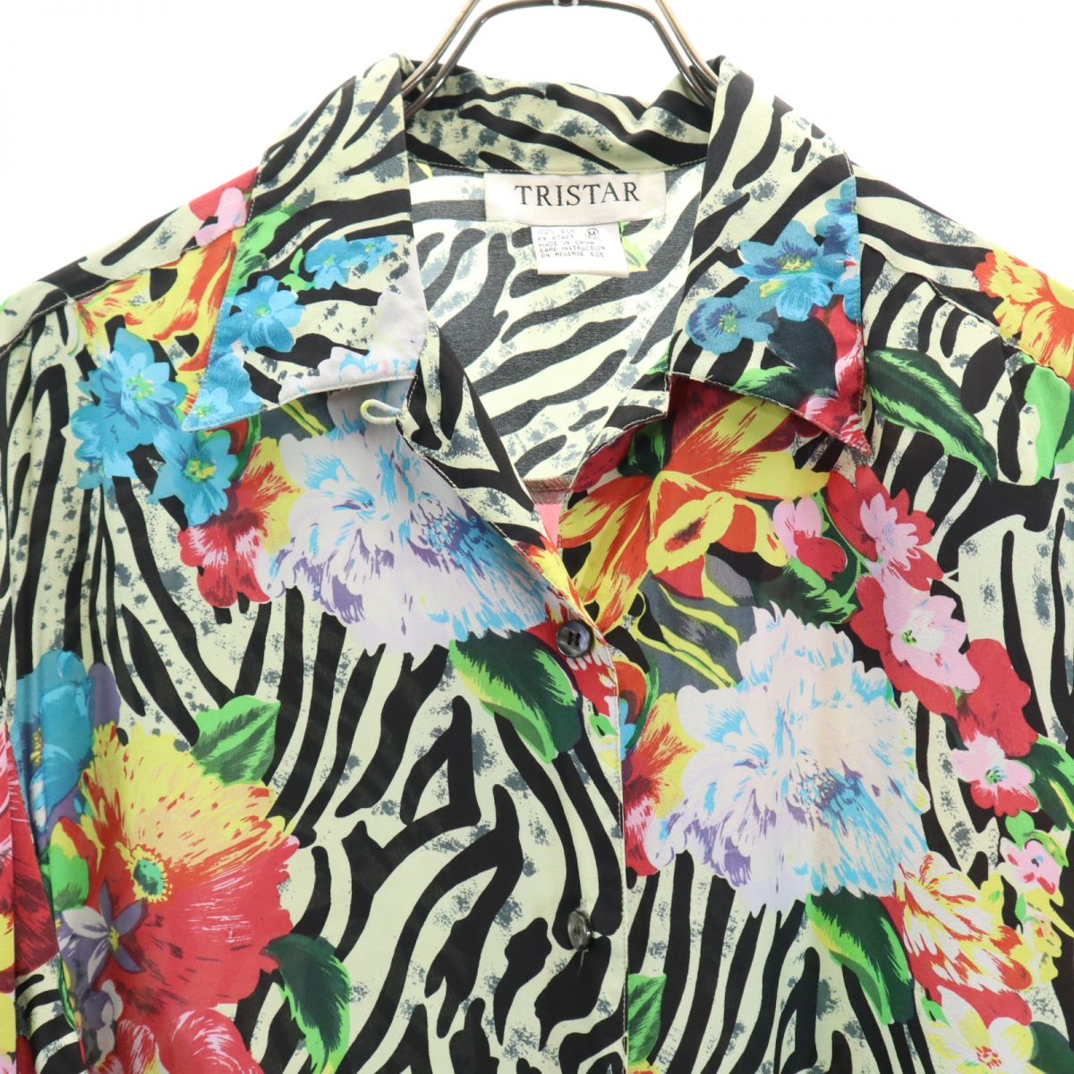 TRISTAR オールド 総柄 長袖 シルク オープンカラーシャツ M レディース