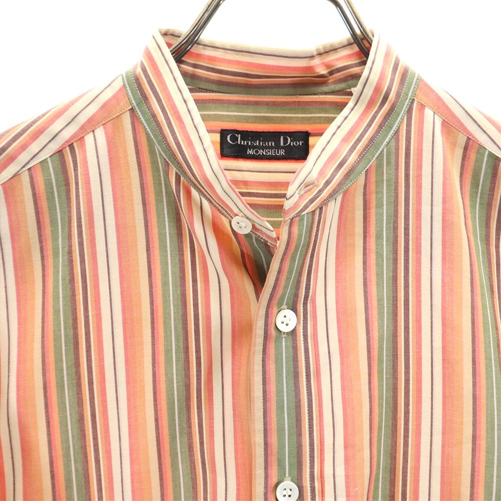 クリスチャンディオール 90s オールド 長袖アロハ ストライプ 長袖 バンドカラーシャツ M オレンジ系 Christian Dior メンズ
