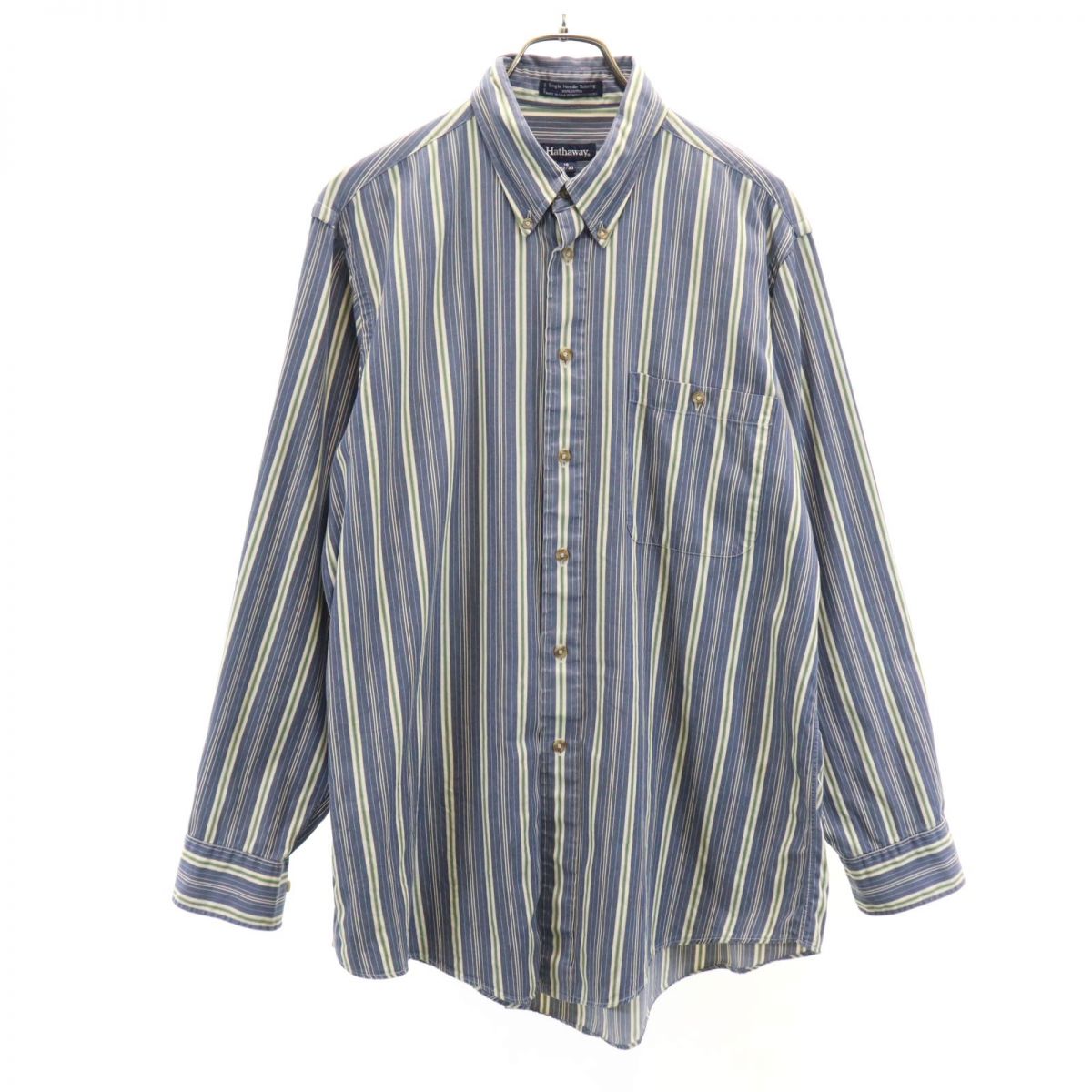 Hathaway ハサウェイ 90s USA製 オールド ストライプ柄 長袖 ボタンダウンシャツ 1632/33 ブルー系 メンズ