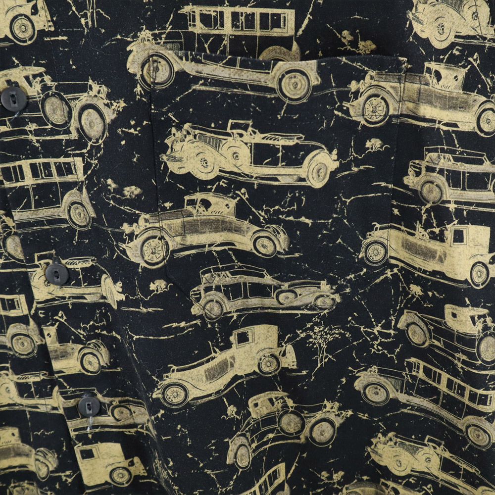 オールド クラシックカー柄 長袖 ボタンダウンシャツ ブラック系 車柄 メンズ