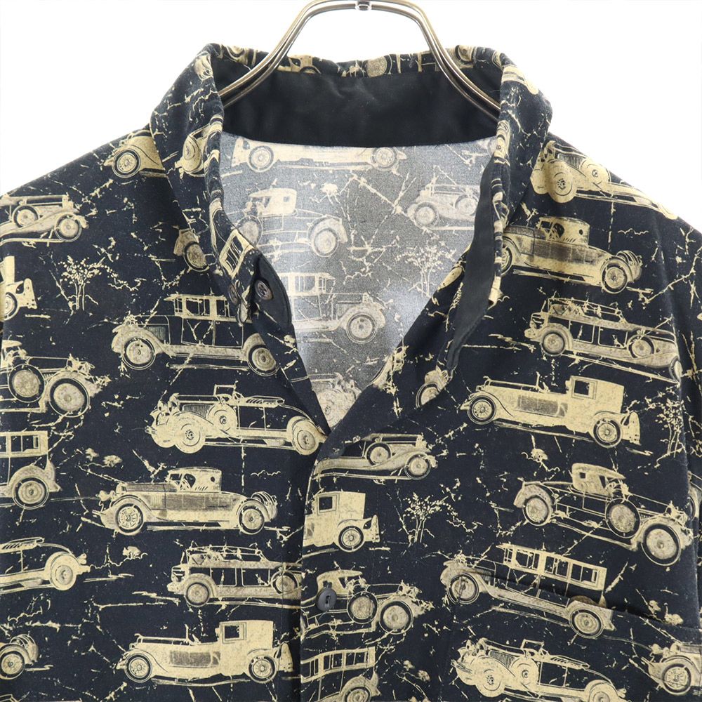 オールド クラシックカー柄 長袖 ボタンダウンシャツ ブラック系 車柄 メンズ