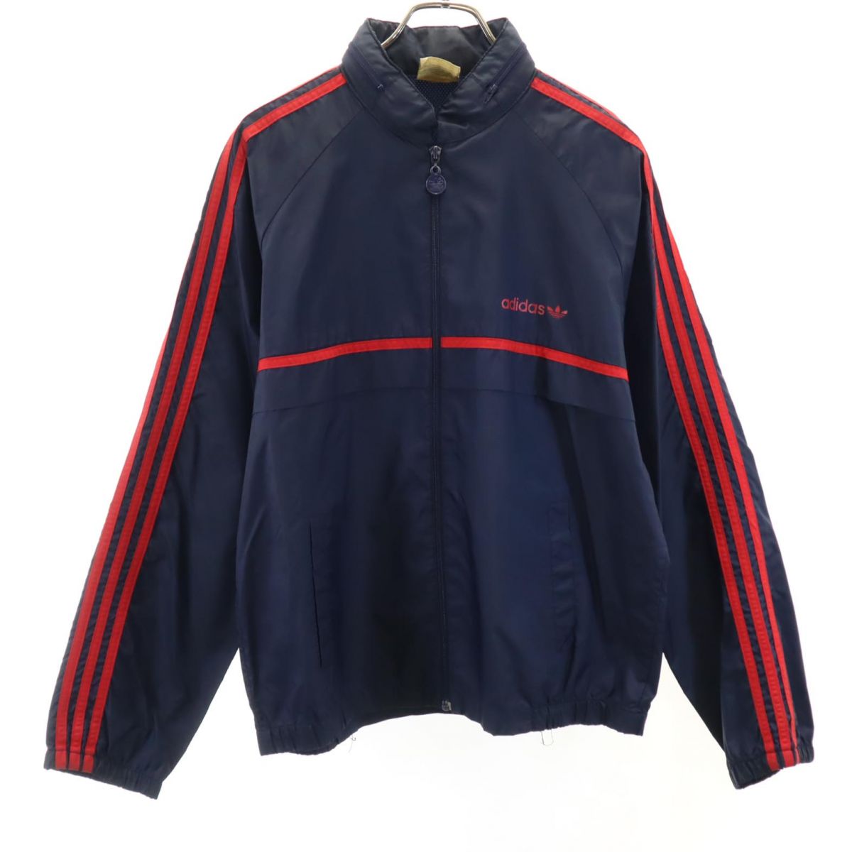 adidas アディダス 80s ヴィンテージ トレフォイルロゴ ジャケット M ネイビー 裏メッシュ切り替え フード メンズ