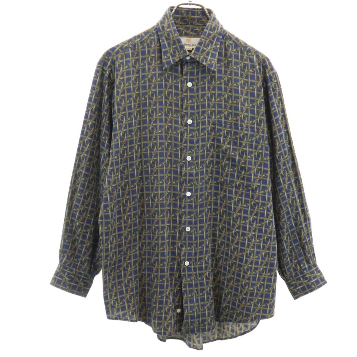 Aquascutum アクアスキュータム 日本製 総柄 長袖 シャツ M ネイビー系 メンズ