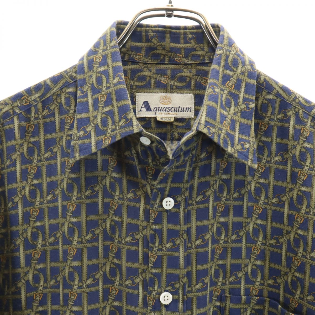 Aquascutum アクアスキュータム 日本製 総柄 長袖 シャツ M ネイビー系 メンズ