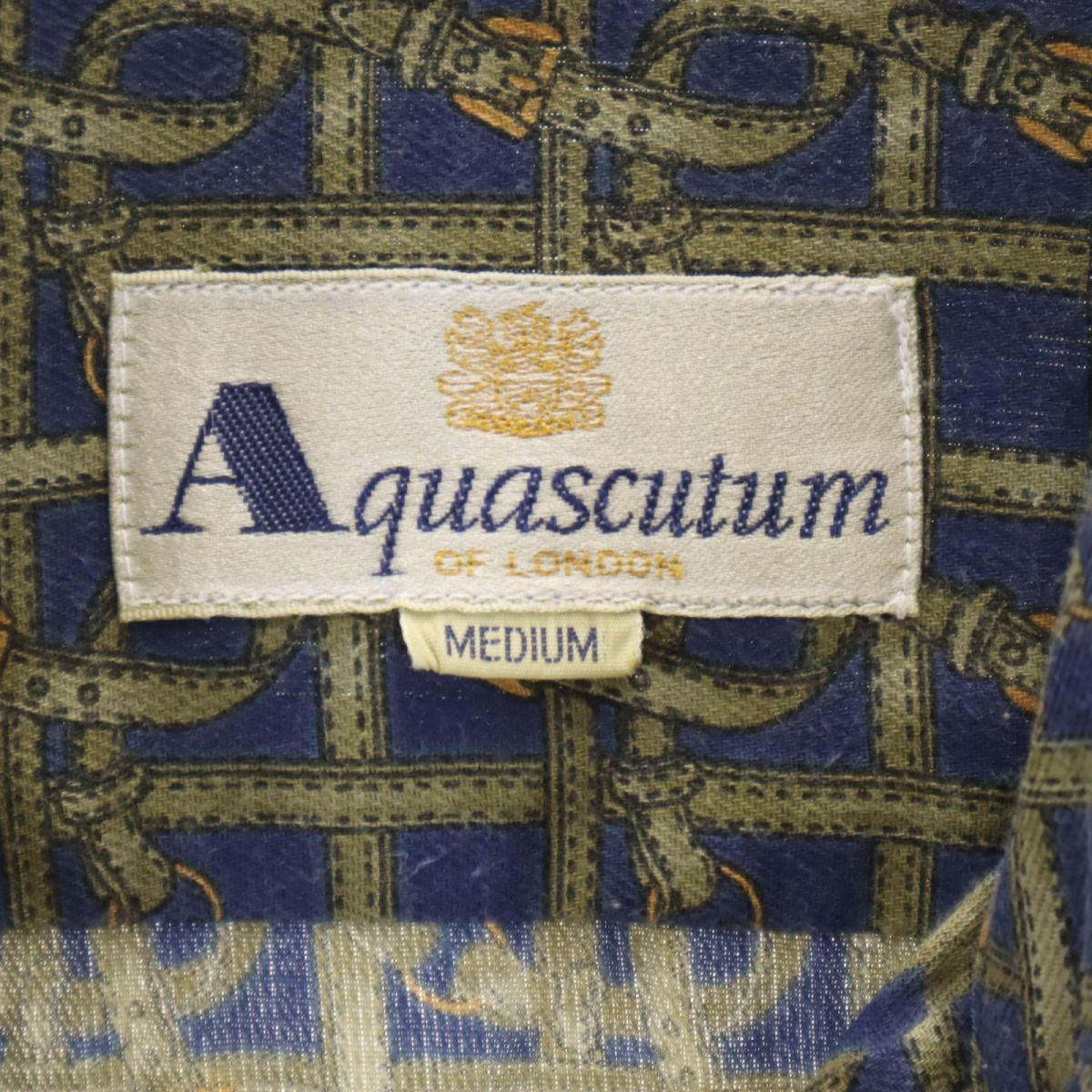 Aquascutum アクアスキュータム 日本製 総柄 長袖 シャツ M ネイビー系 メンズ