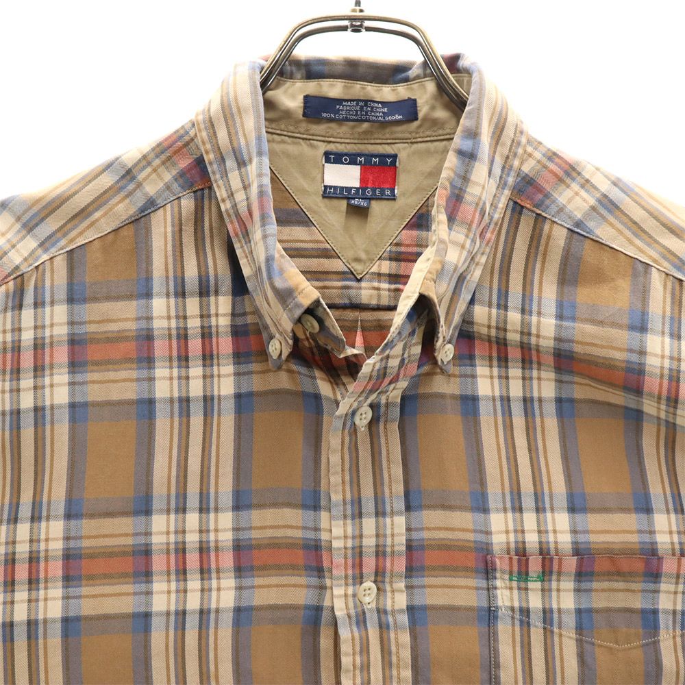 TOMMY HILFIGER トミーヒルフィガー 90s オールド フラッグタグ チェック柄 長袖 ボタンダウンシャツ XL ブラウン系 メンズ