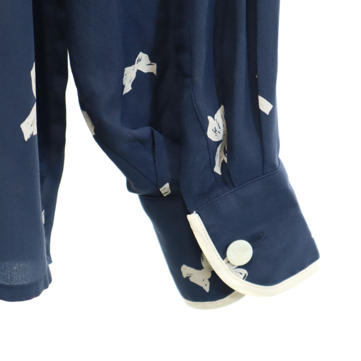 セリーヌ シルク100% オールド リボン柄 長袖 シャツ 40 ネイビー系 CELINE レディース